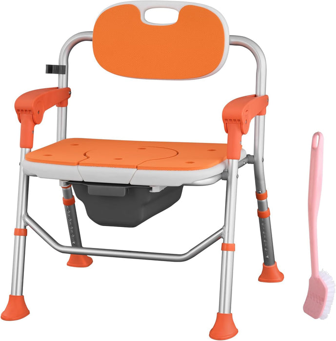 Meubon 4 in 1 Folding Shower Chair with Arms and Back I Heavy Duty Bath Chair with Removable Commode I Folding Bedside Commode