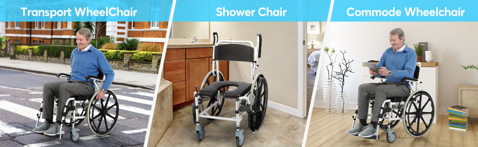 Shower Wheelchair Bedside Commode Rolling Shower and Commode Transport Chair with Wheels Model W1214