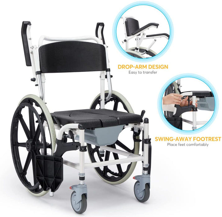 Shower Wheelchair Bedside Commode Rolling Shower and Commode Transport Chair with Wheels Model W1214